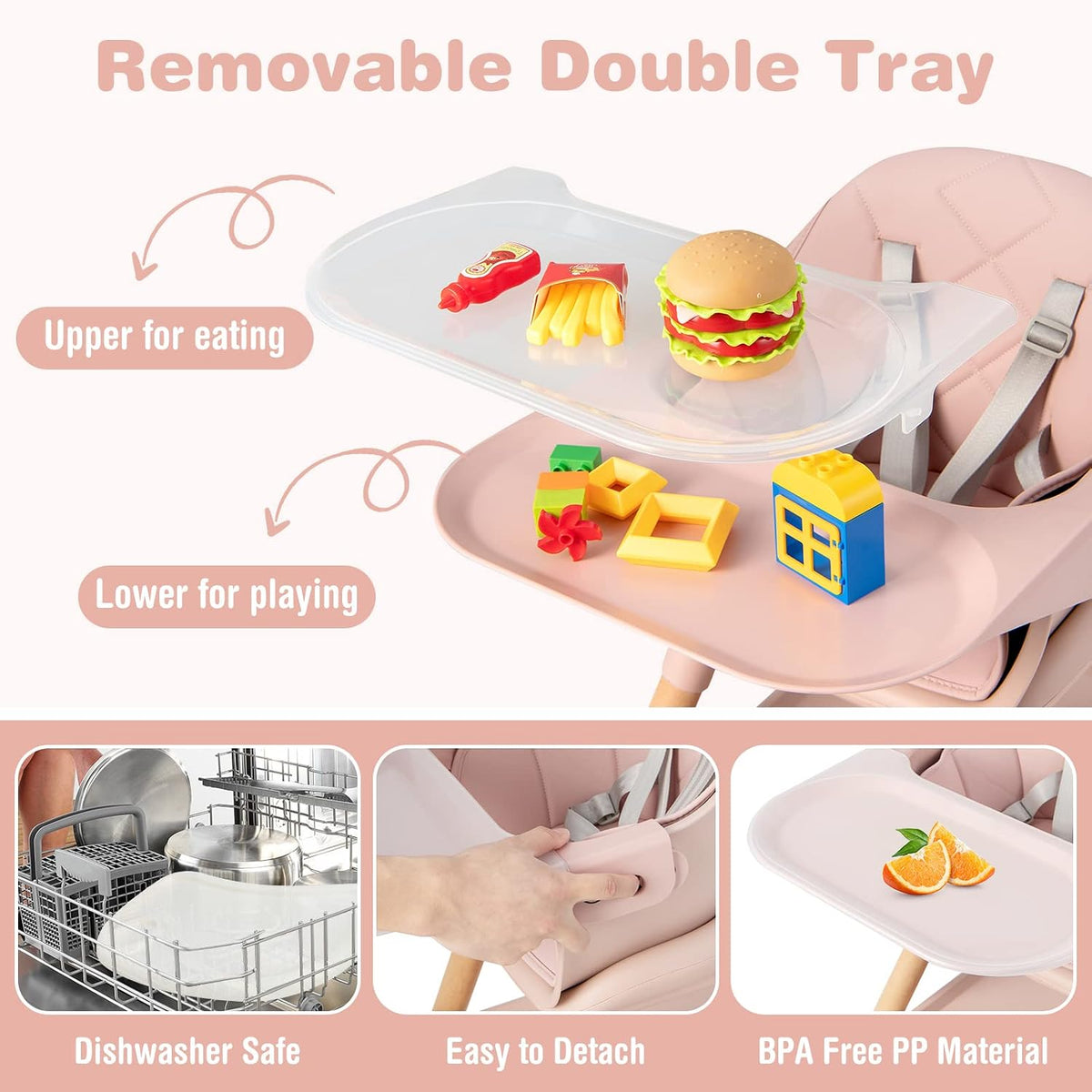 Close-up of the clear upper tray over a pink lower tray with small toys placed on both levels.