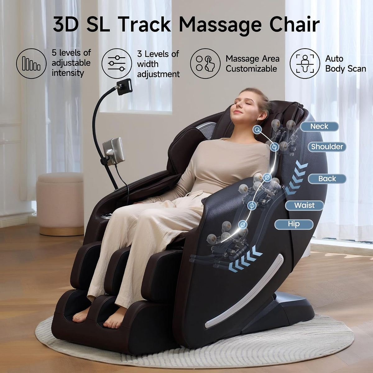 Reclined user in a massage chair with close-up of armrest controls and a phone holder for hands-free use
