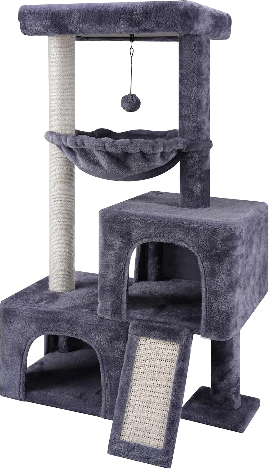 Three-level gray plush cat tree with top perch, hanging pom-pom, hammock, two enclosed condos, sisal post and ramp.