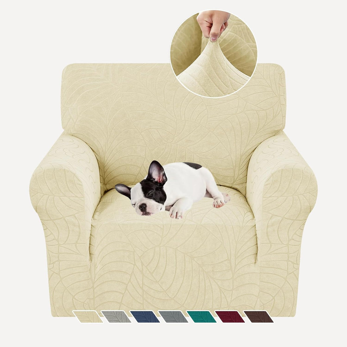 Beige leaf-pattern slipcover on a single armchair with a sleeping black-and-white puppy; circular inset shows a hand