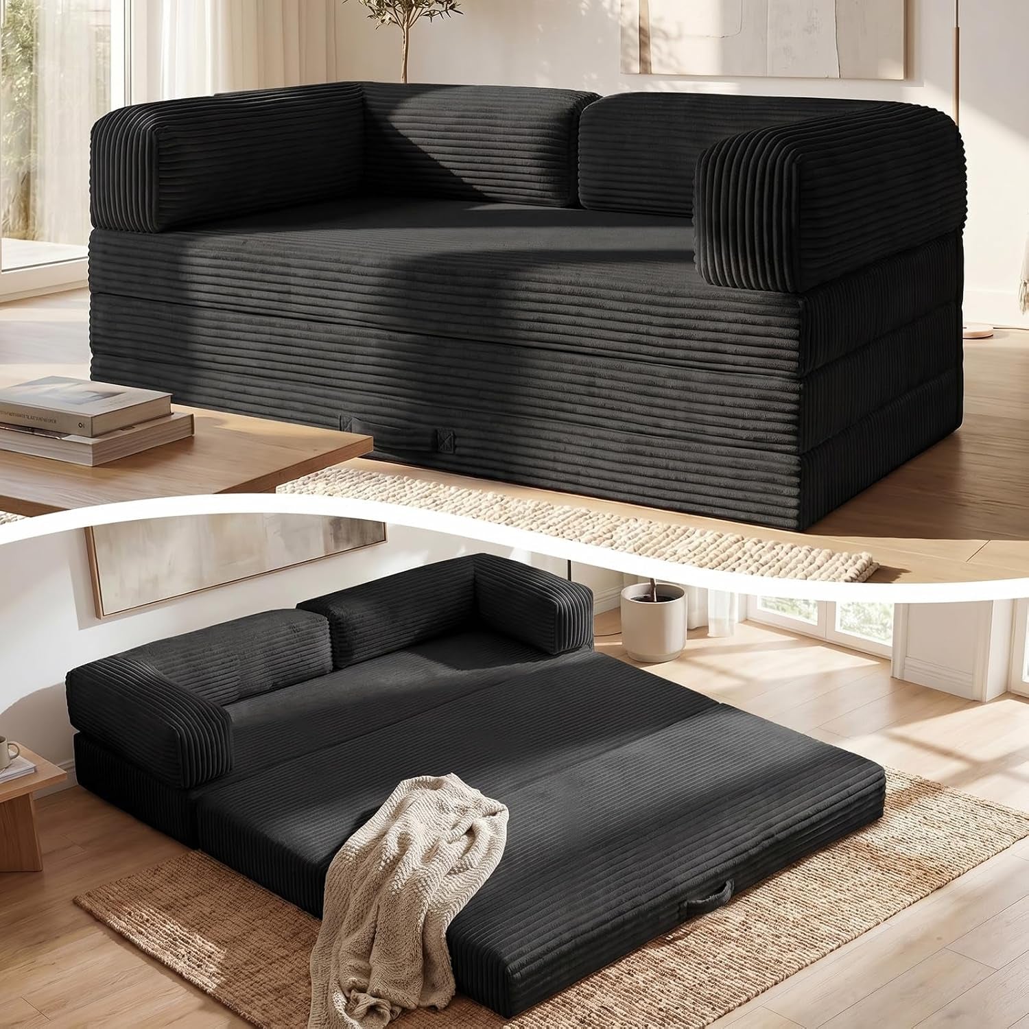 Black corduroy tri-fold futon shown as a loveseat with removable armrests in a sunlit living room