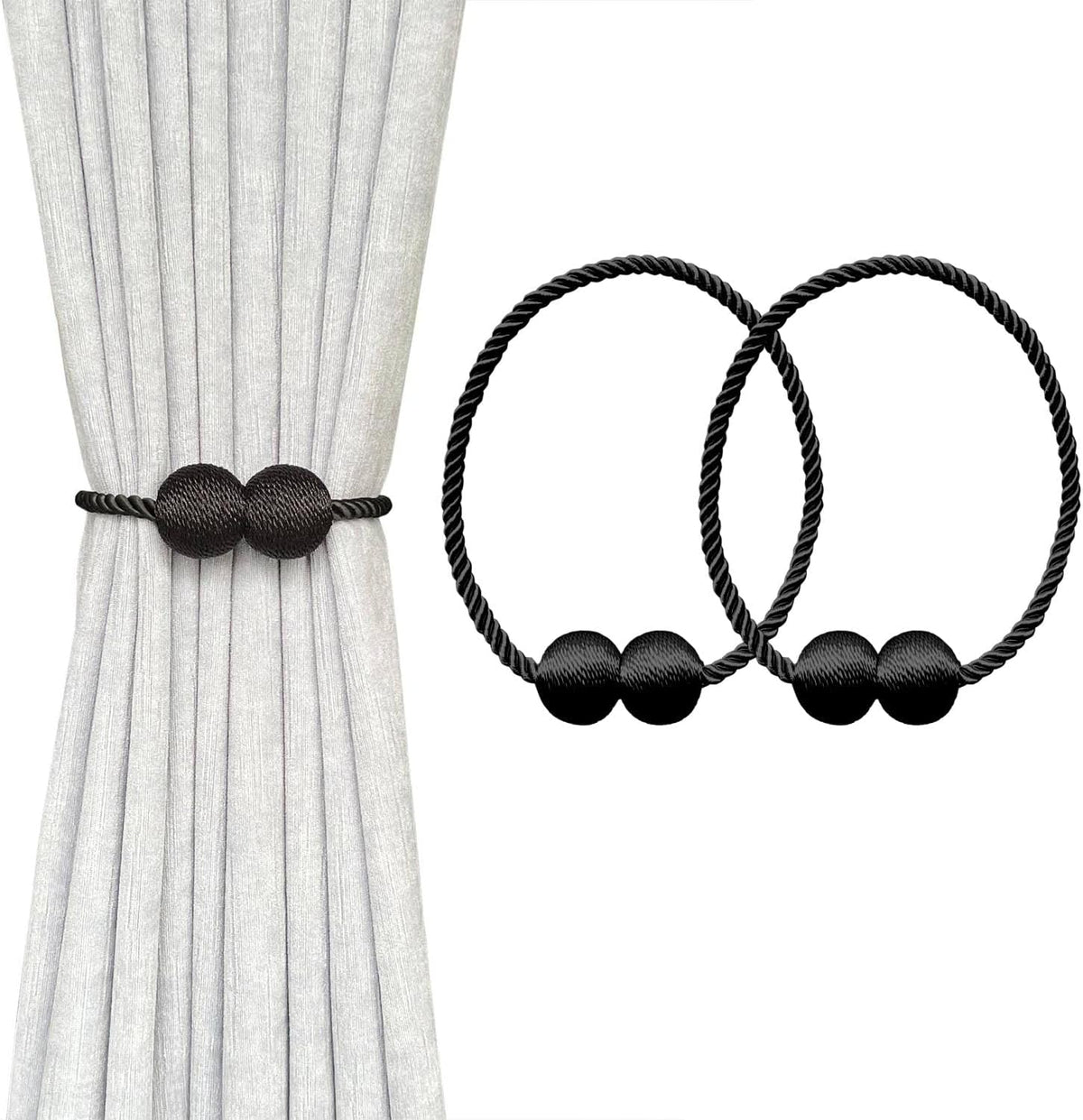 Light gray curtain held by a black twisted rope tieback with two black wrapped balls; two black tieback loops at right.
