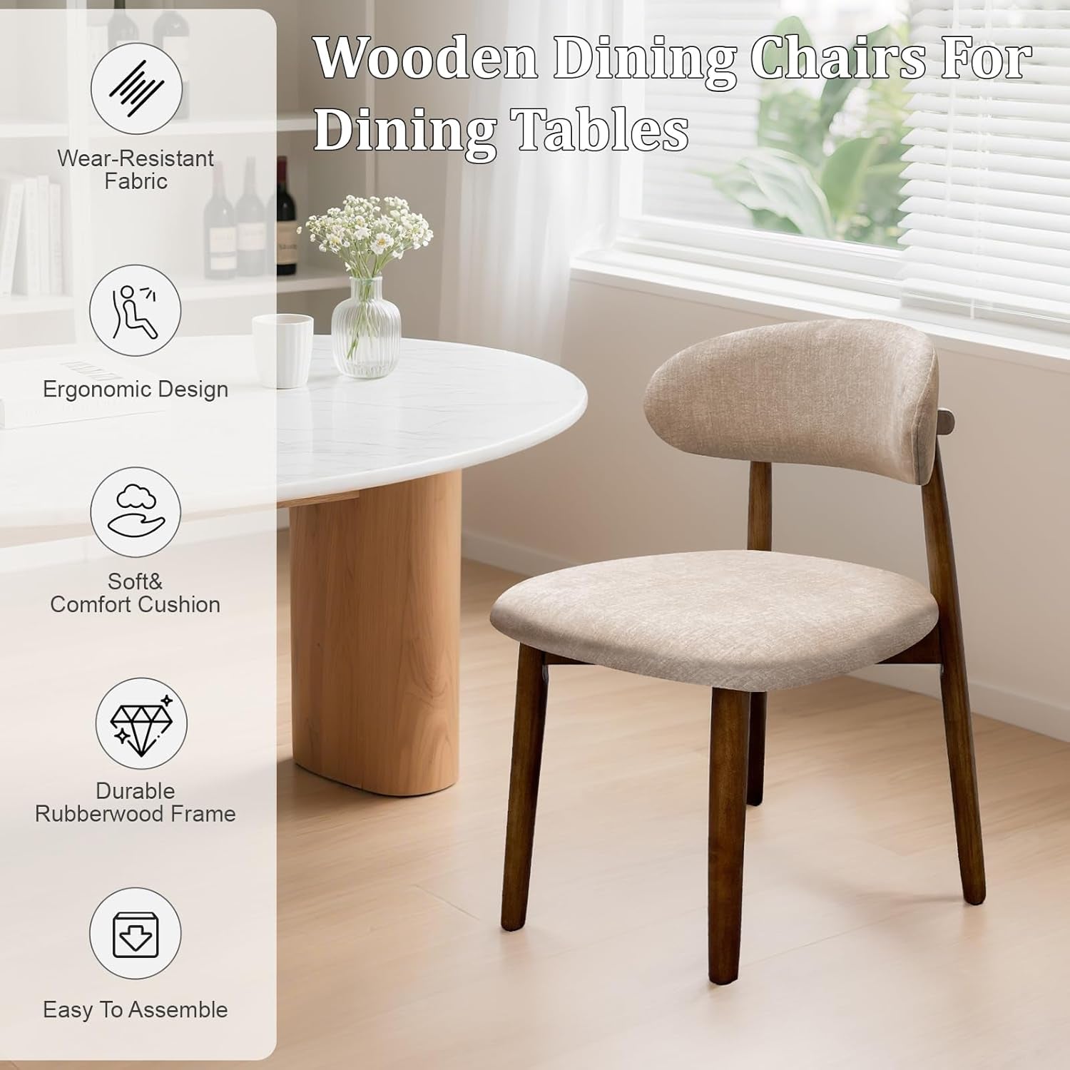 Single beige dining chair beside icons for fabric, ergonomic cushion, rubberwood frame and assembly.