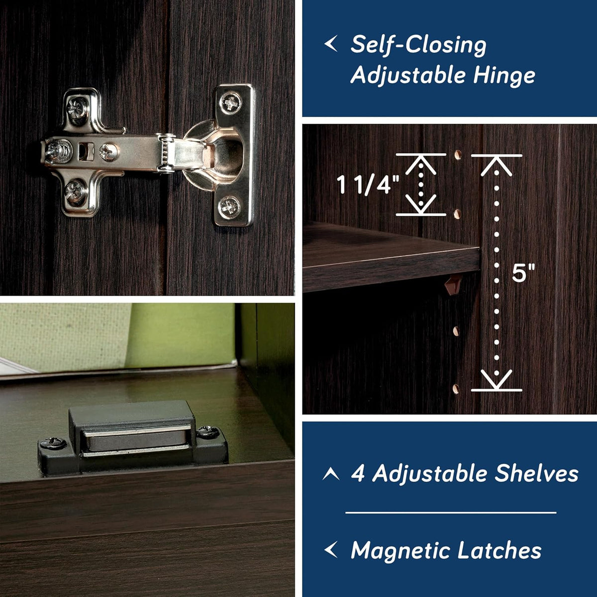 Detail collage showing self-closing hinge, magnetic latch and adjustable-shelf hole pattern