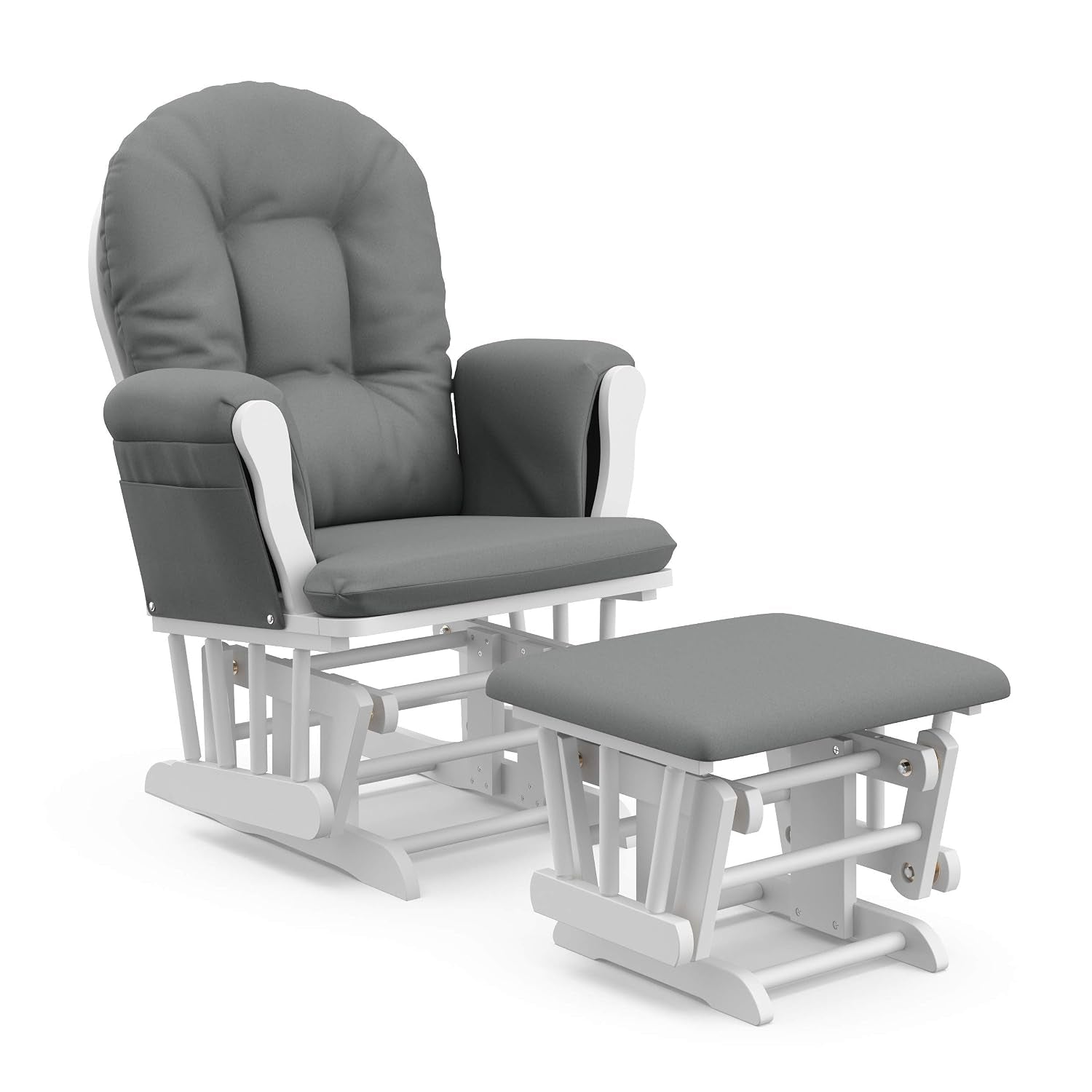 White wooden glider chair with gray tufted cushions and matching ottoman on a white background.
