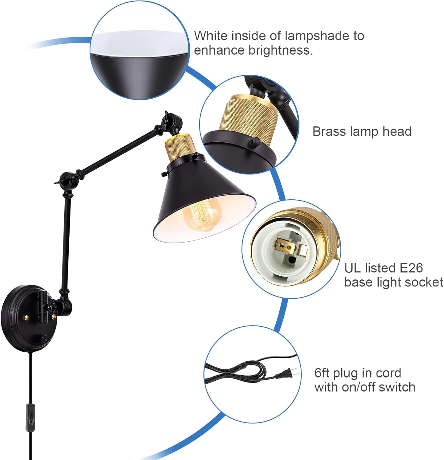 Black sconce close-up showing white shade interior, brass lamp head, E26 socket and on/off plug cord