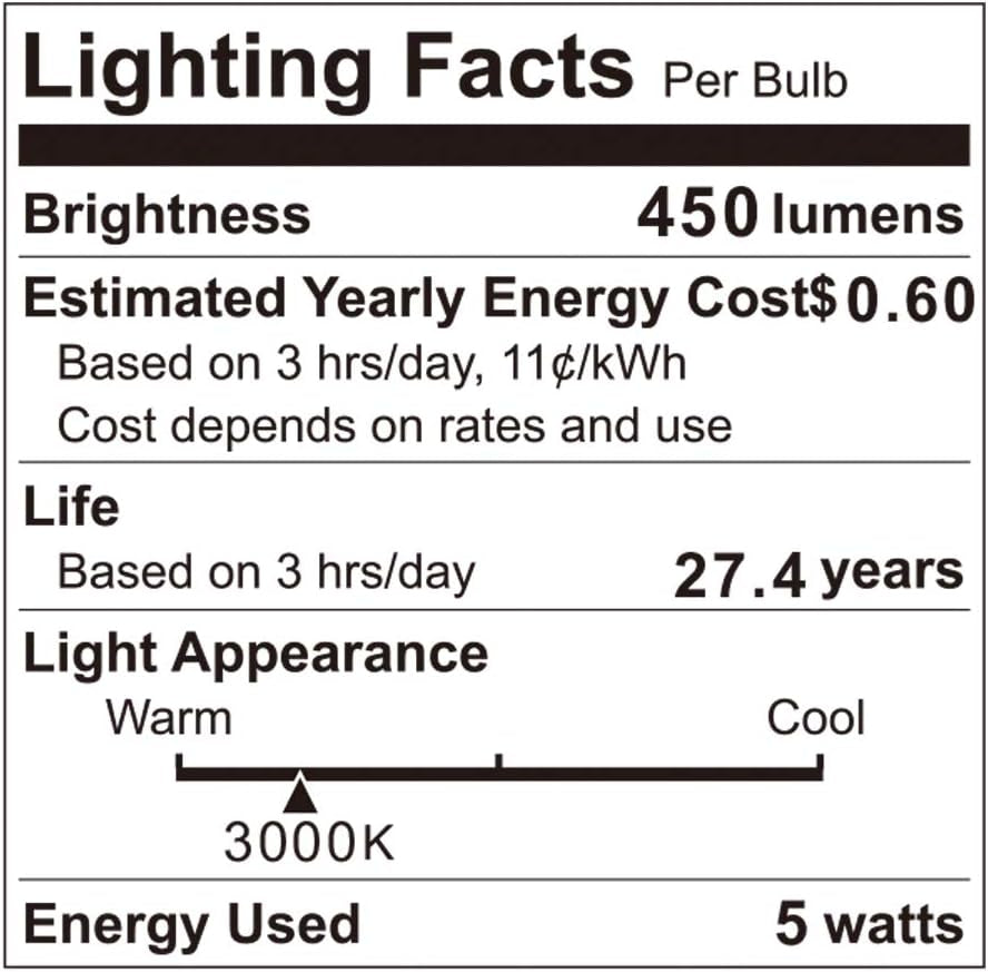 Black-and-white lighting facts label graphic showing energy and light appearance information.