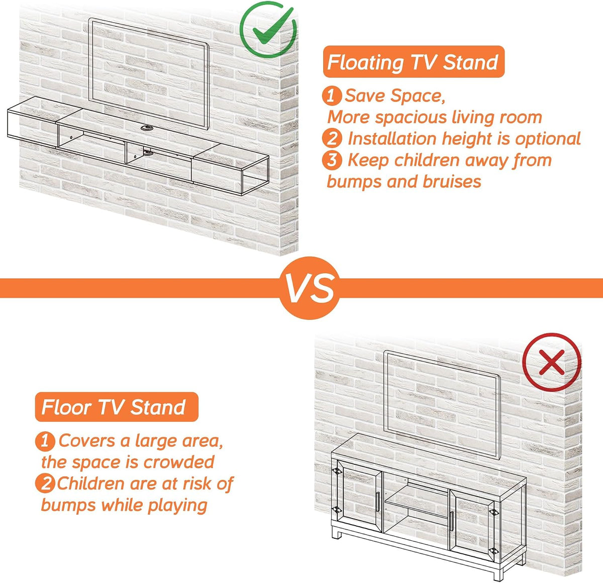 Illustrated comparison of a floating TV stand and a floor-standing TV stand