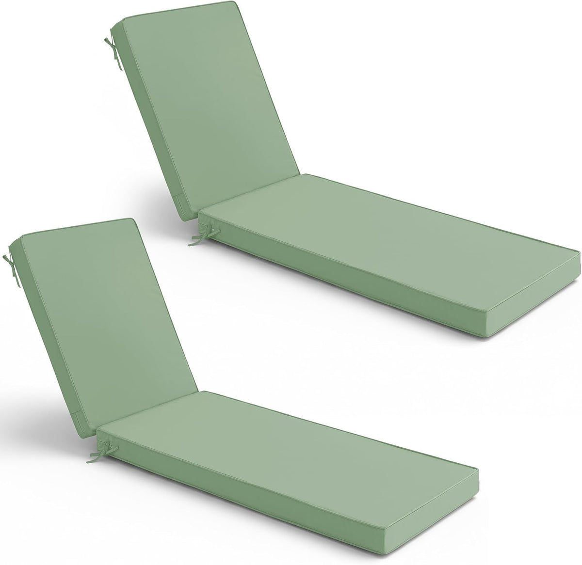 Two sage-green chaise lounge cushions shown flat with tied straps at the head