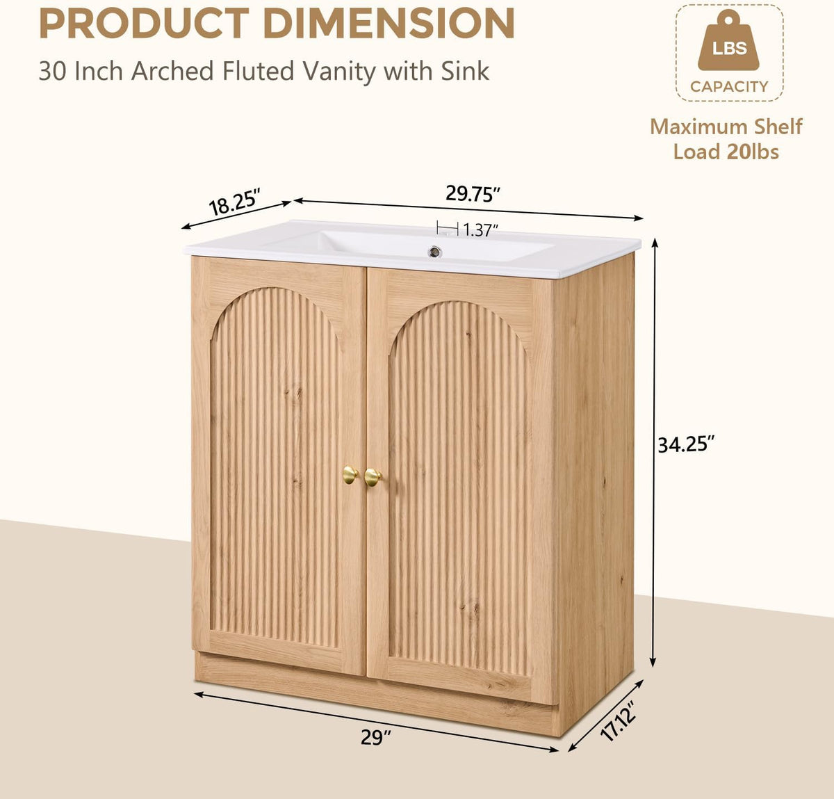 Arched fluted vanity with dimension overlays showing 29.75 x 18.25 x 34.35 inches in Natural Oak finish