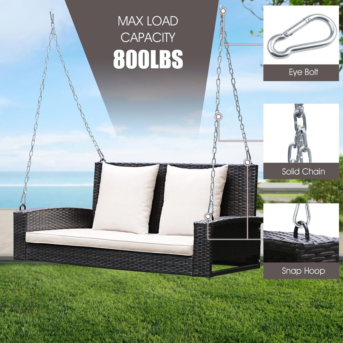 Outdoor scene of rattan porch swing with callouts for 800 lb max load and close-ups of eye bolt, solid chain and snap hoop