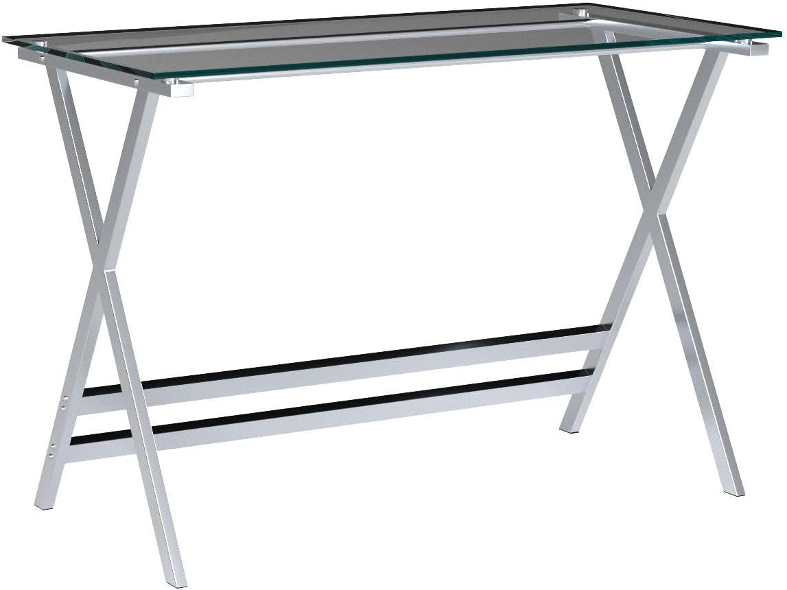 Isolated product shot of clear glass top desk showing chrome X-legs and horizontal support bars on white background