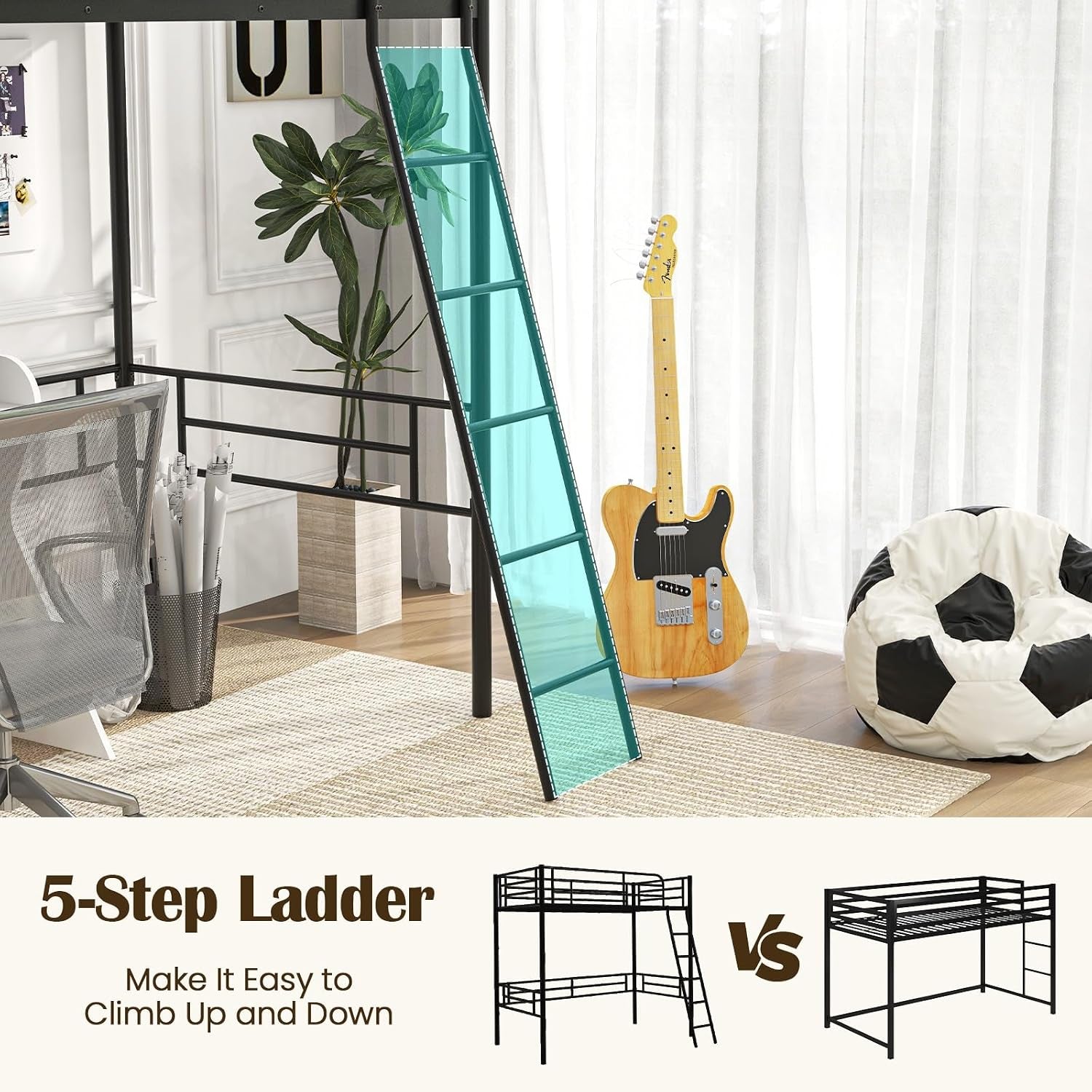 Angled five-step metal ladder leaning to the loft bed, shown with a turquoise highlight overlay.