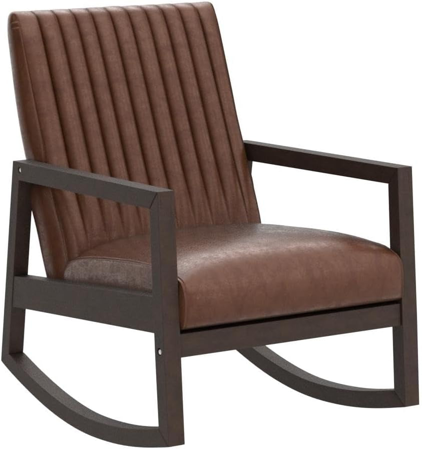 Brown faux leather mid-century rocking chair angled front-on view on white background