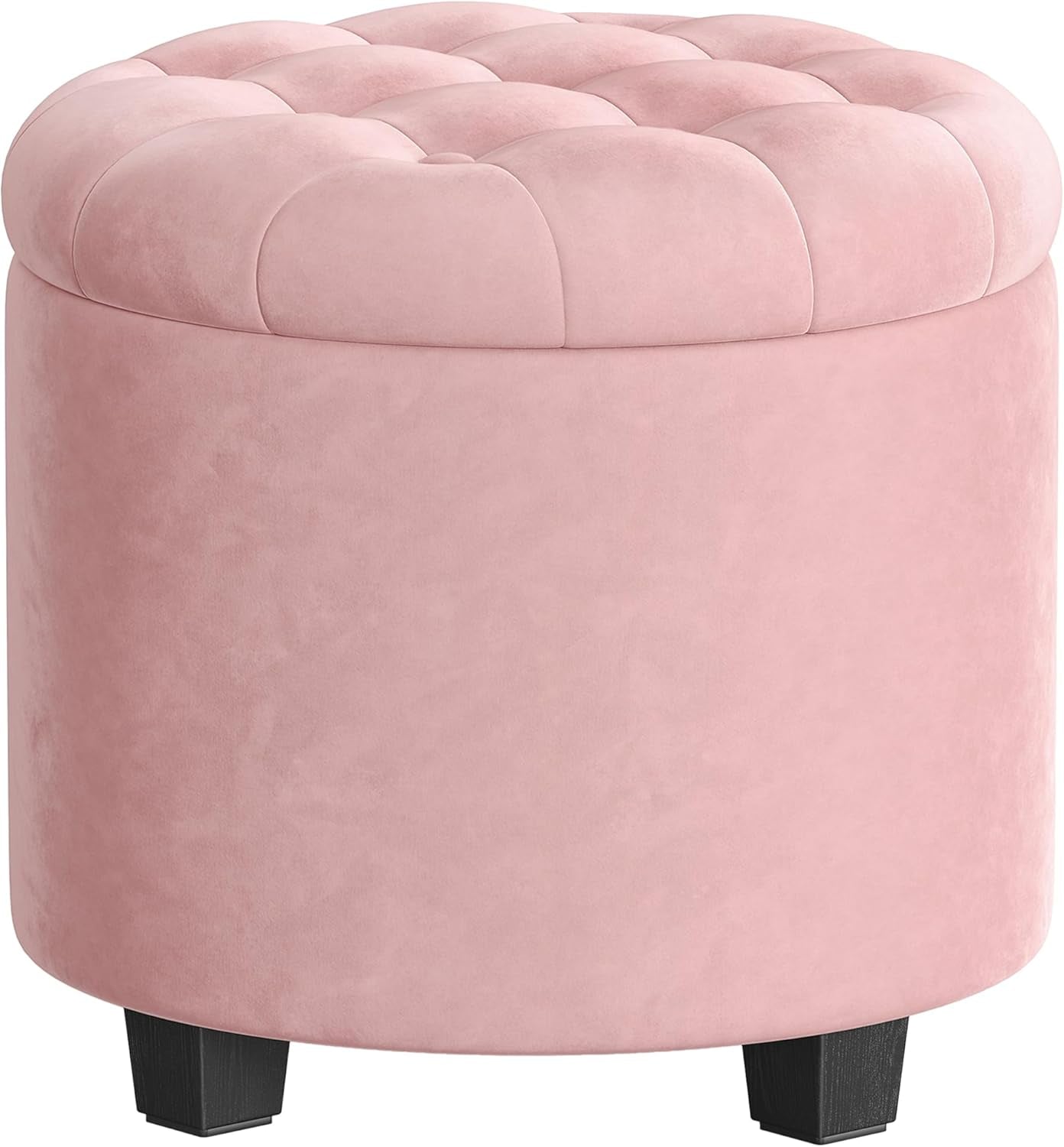 Round pink tufted storage ottoman on black tapered feet, shown close up from the front.