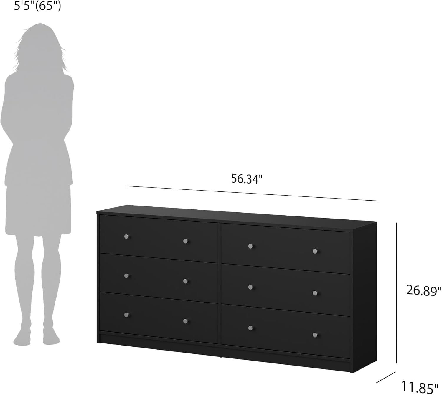 Scale diagram showing the black six-drawer dresser next to a 5'5" silhouette for size reference