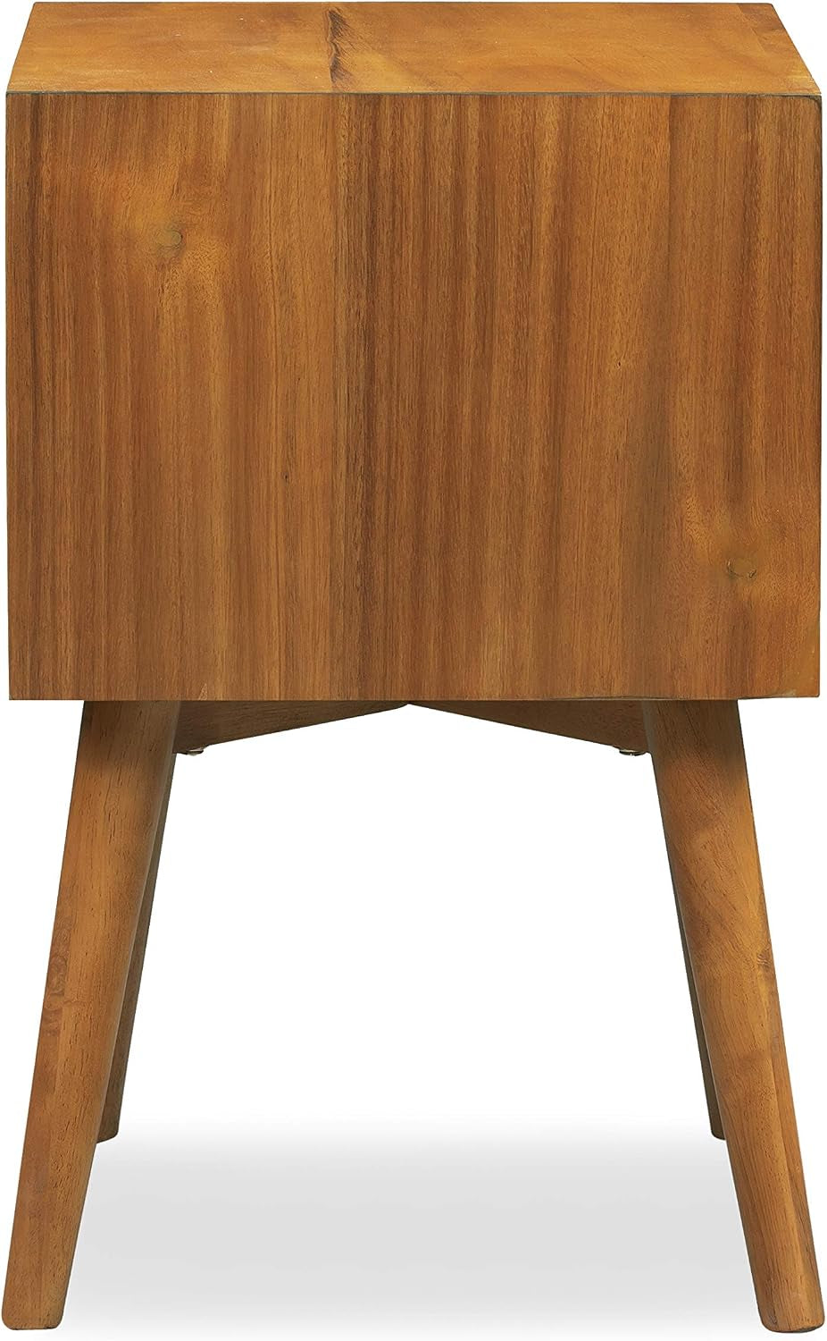 Side view of the nightstand highlighting the wood-grain side panel and tapered rubberwood legs