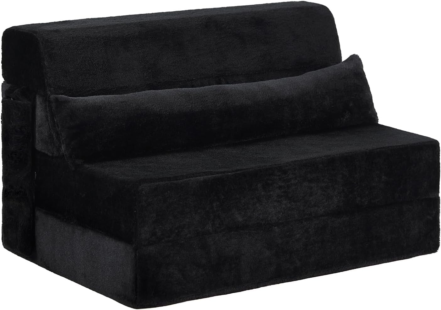 Black folding sofa bed on white background in seat configuration with long lumbar pillow.