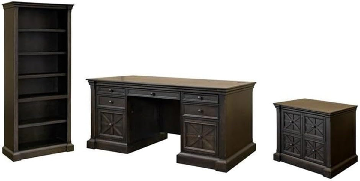 Distressed dark brown 3-piece office set with desk, lateral file cabinet and open bookcase on white background