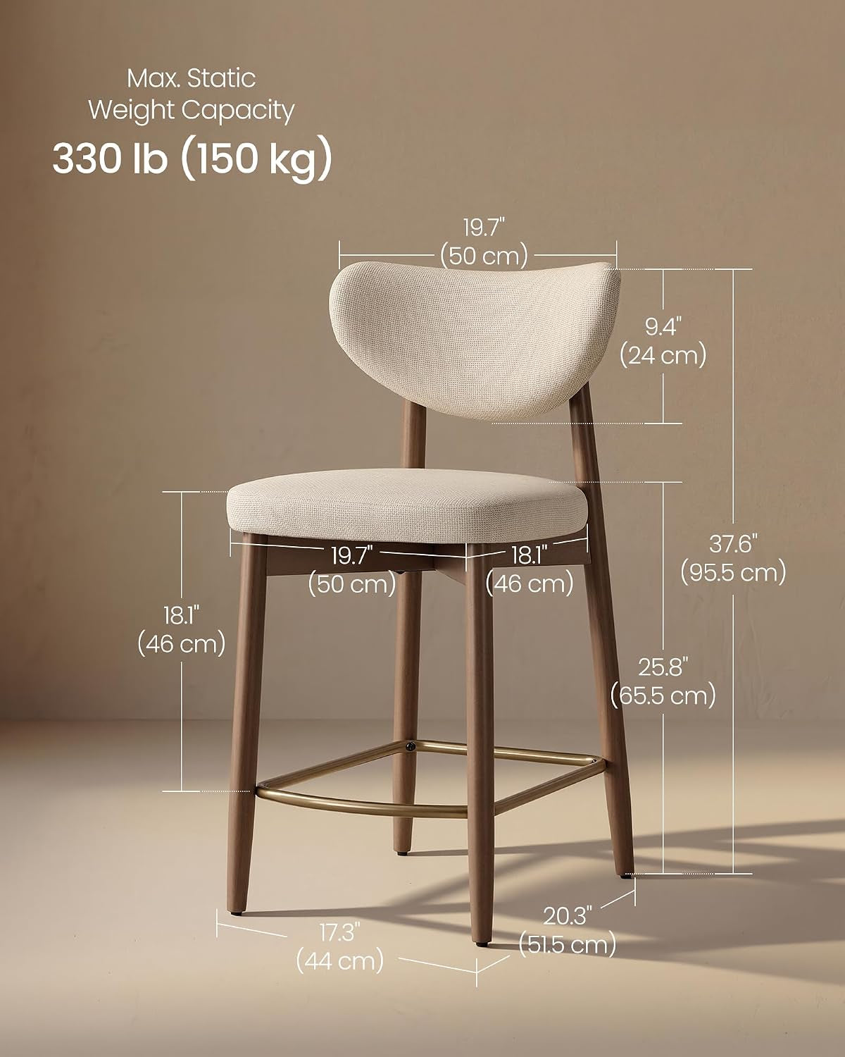 Single beige counter stool with dimension overlays showing seat height and backrest measurements, studio background.