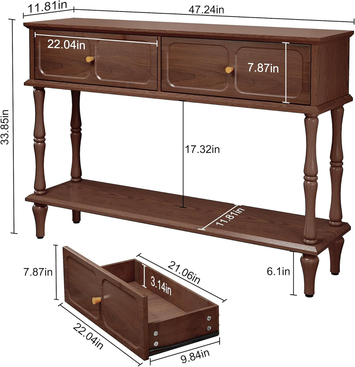 Dimension diagram of the console table showing 47.24in width, 11.81in depth and 33.85in height