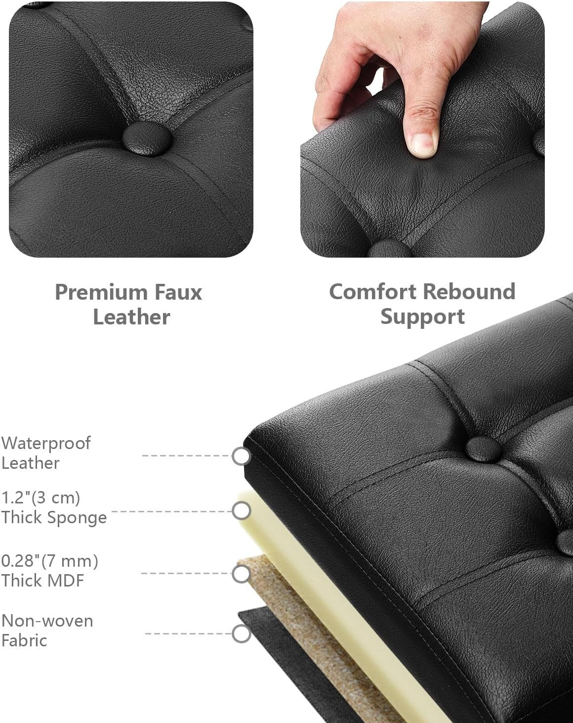 Close-up shots of black tufted faux leather seat showing button tuft and foam layers diagram
