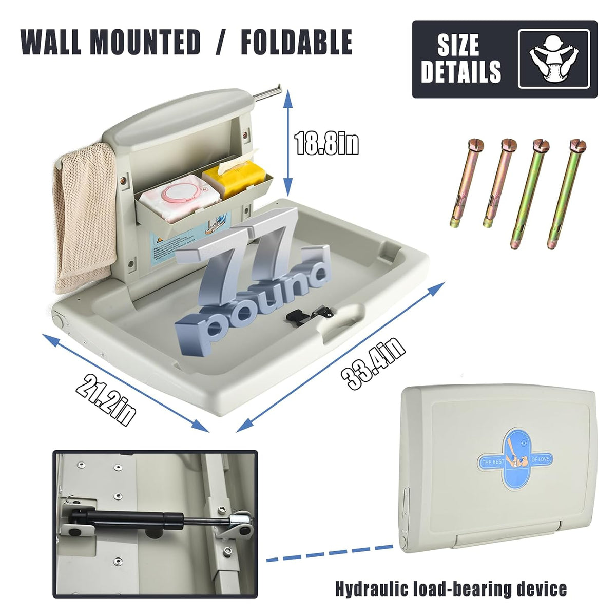 Fold-down changer with arrows and mounting anchors shown alongside hardware and a small hydraulic detail