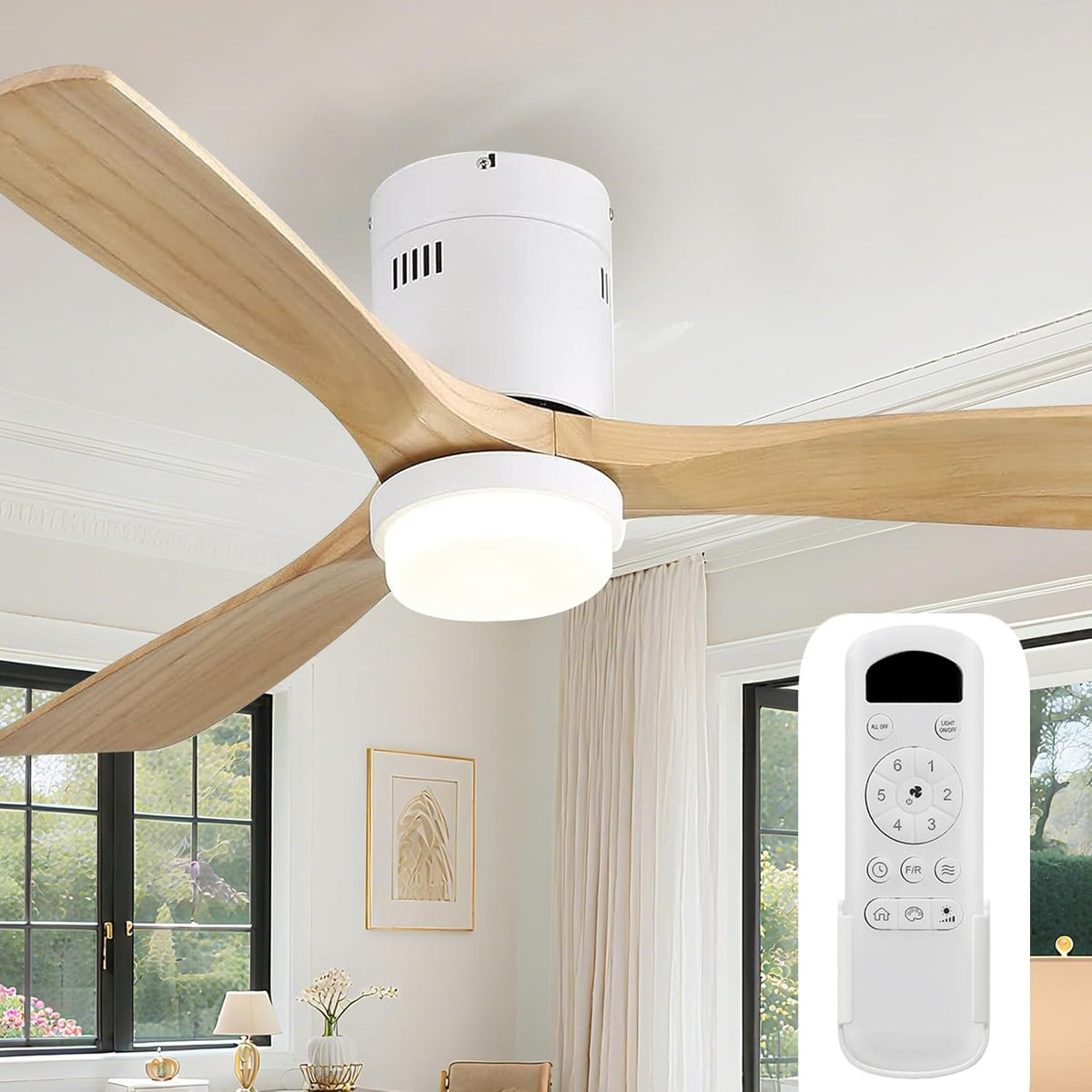 Close-up of a white motor ceiling fan with light natural wood blades and integrated round light.