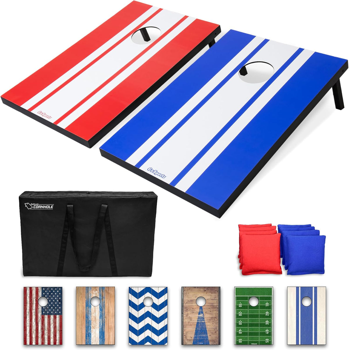Pair of red and blue cornhole boards with bold white center stripes, shown with a black carry bag and sets of red and blue