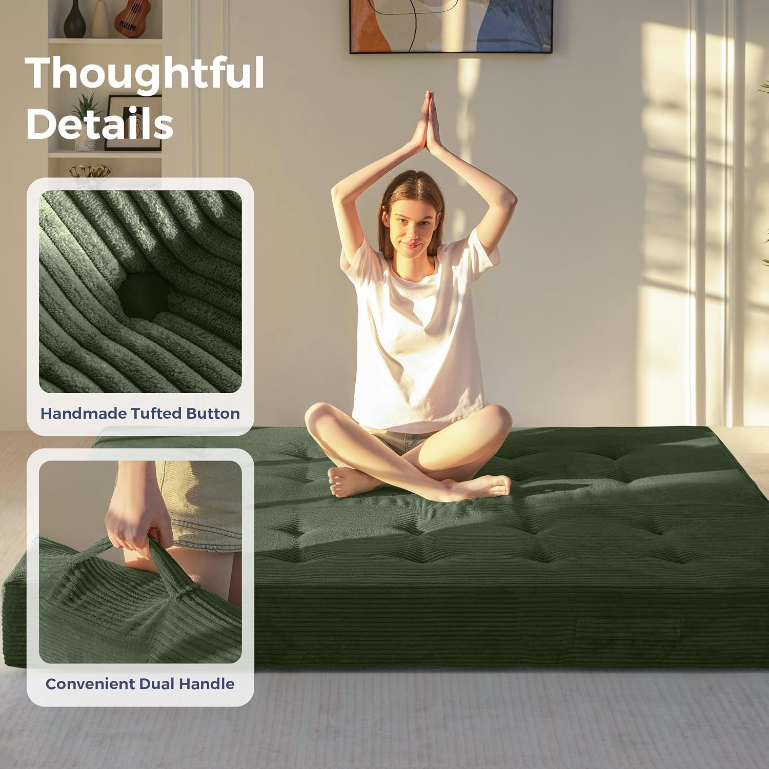 Dark green corded futon mattress folded flat on the floor showing tufted surface texture and side carrying handles