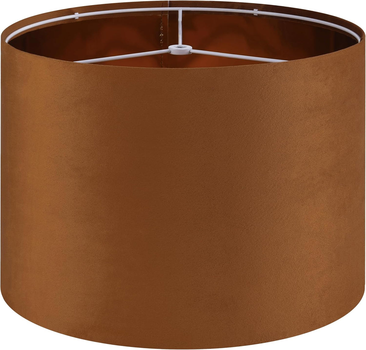 Top view of a warm brown drum lampshade showing white spider fitter and brown inner lining.