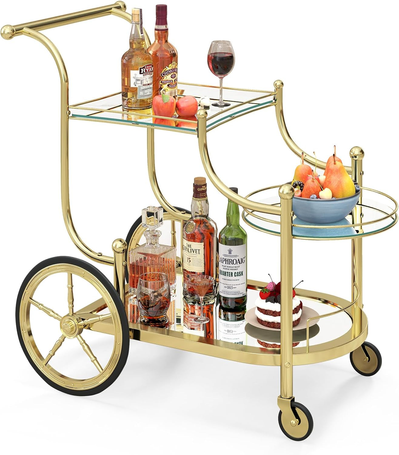 Gold 3-tier bar cart front-right studio view with bottles on mirrored shelves and visible curved handle and spoked rear wheel