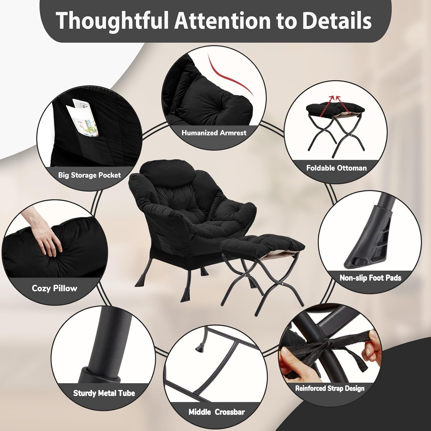 Detail collage showing features: storage pocket, cozy pillow, foldable ottoman, non-slip foot pads and metal crossbar