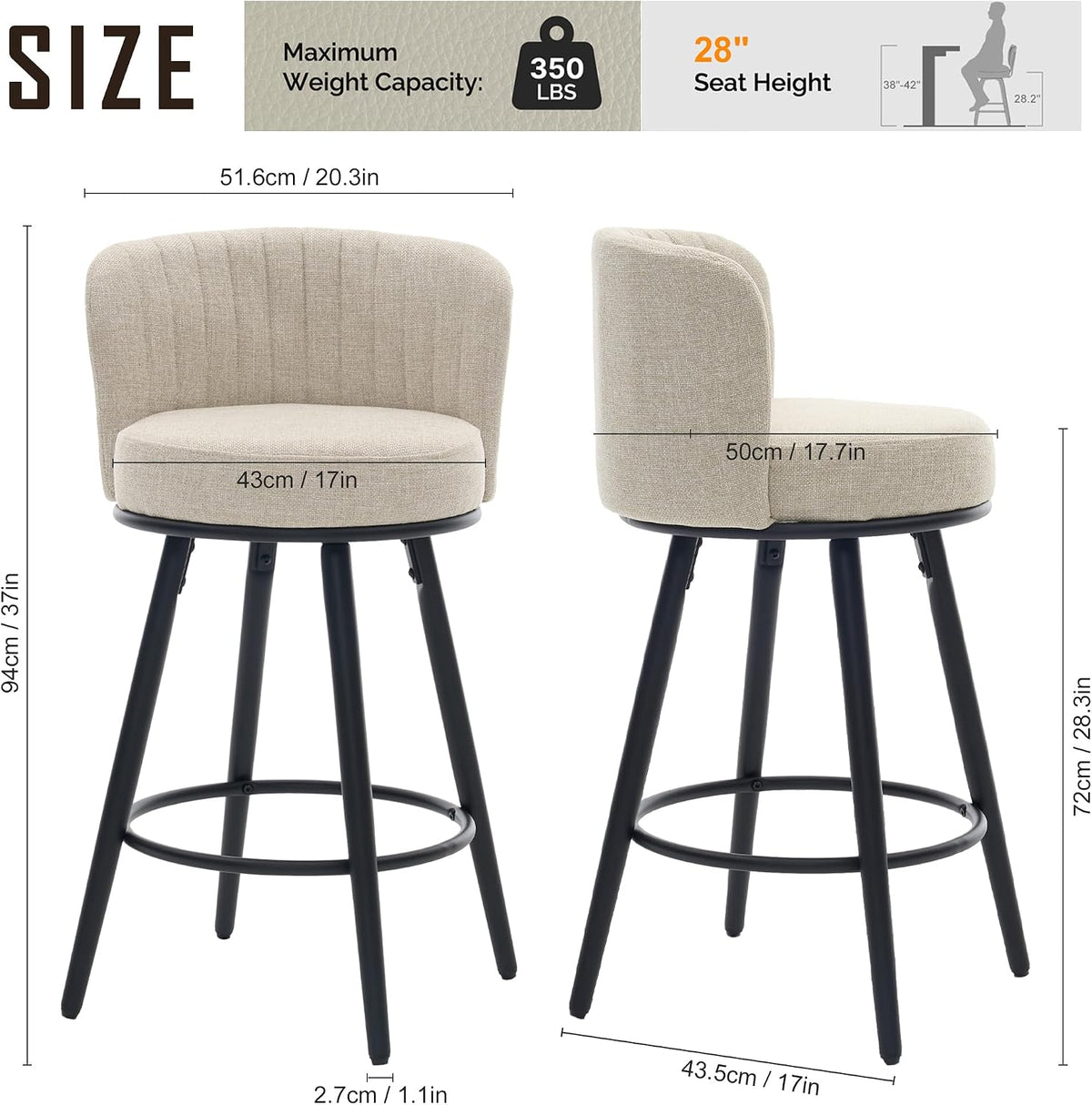 Front and side dimensional diagram of the swivel bar stool showing seat depth, width and 28" seat height measurements.
