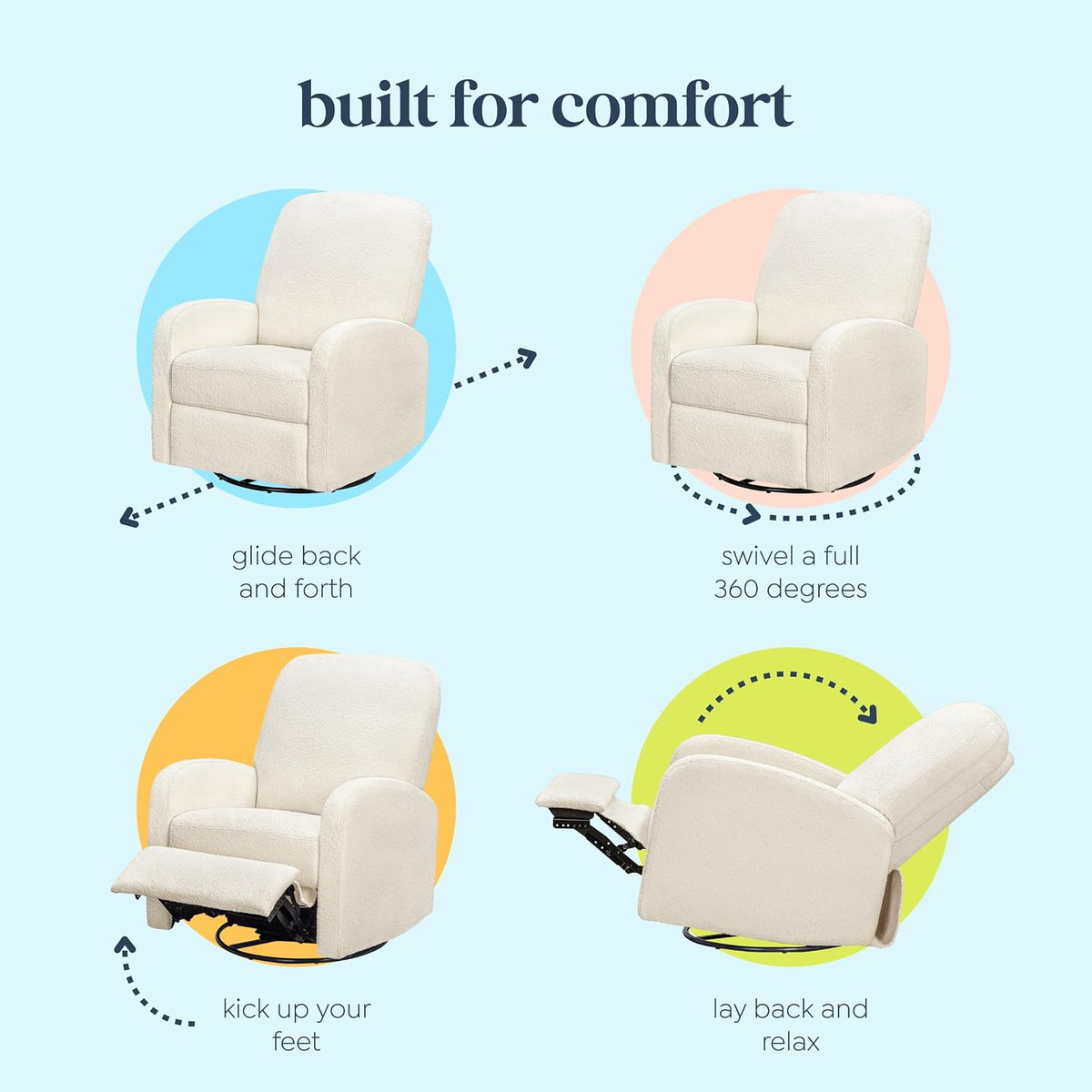 Four small illustrations showing the recliner gliding, swiveling, extending a footrest, and reclining.