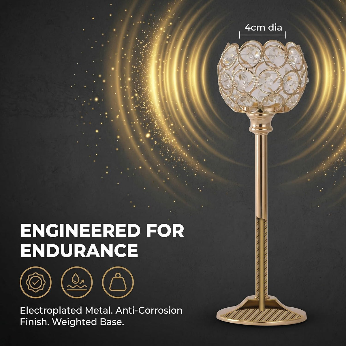Single tall gold crystal holder against dark background with graphic callouts and a 4cm cup diameter label