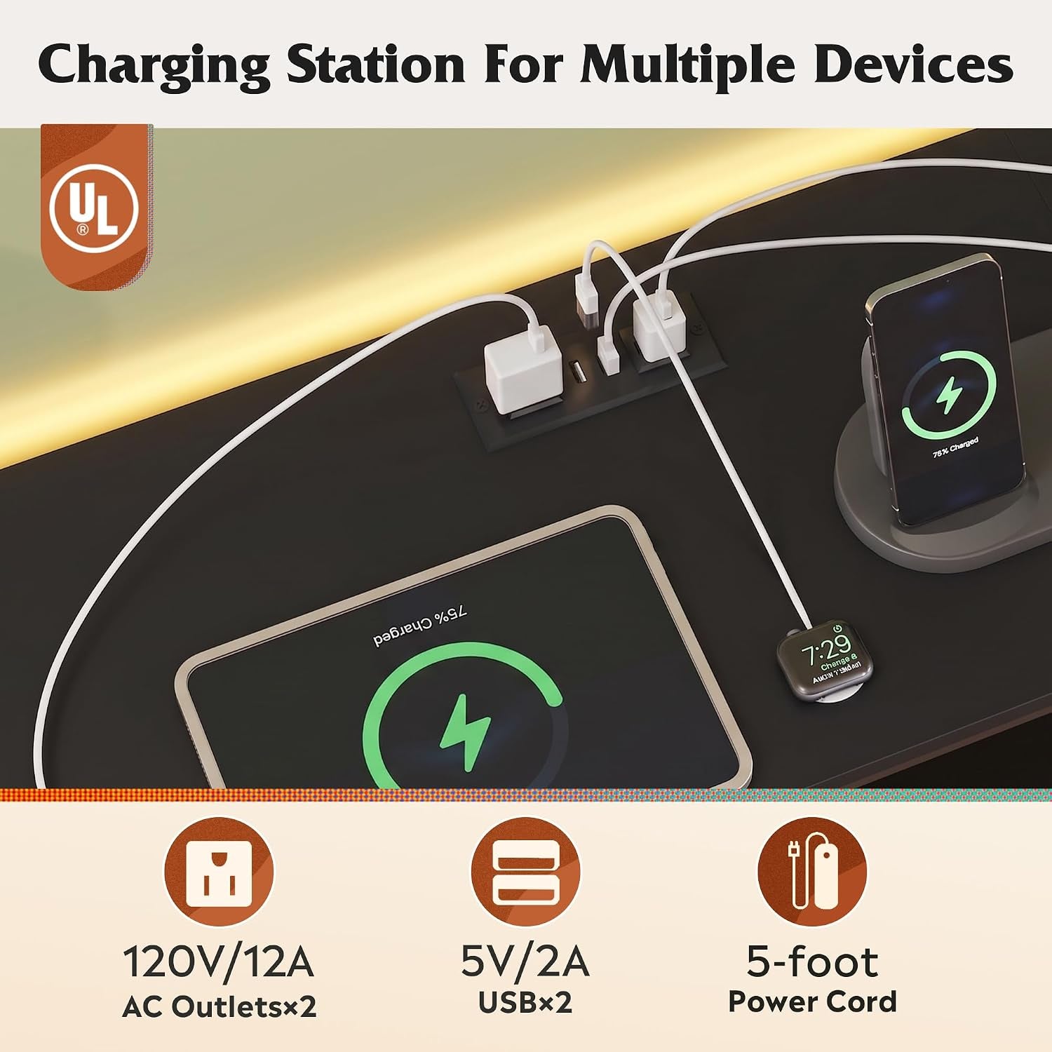 Top surface close-up showing charging devices plugged into built-in AC outlets and USB ports