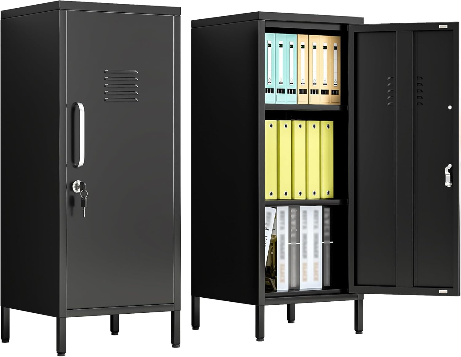 Pair of tall black metal lockers shown side-by-side; left closed, right open revealing three shelves of binders and files.