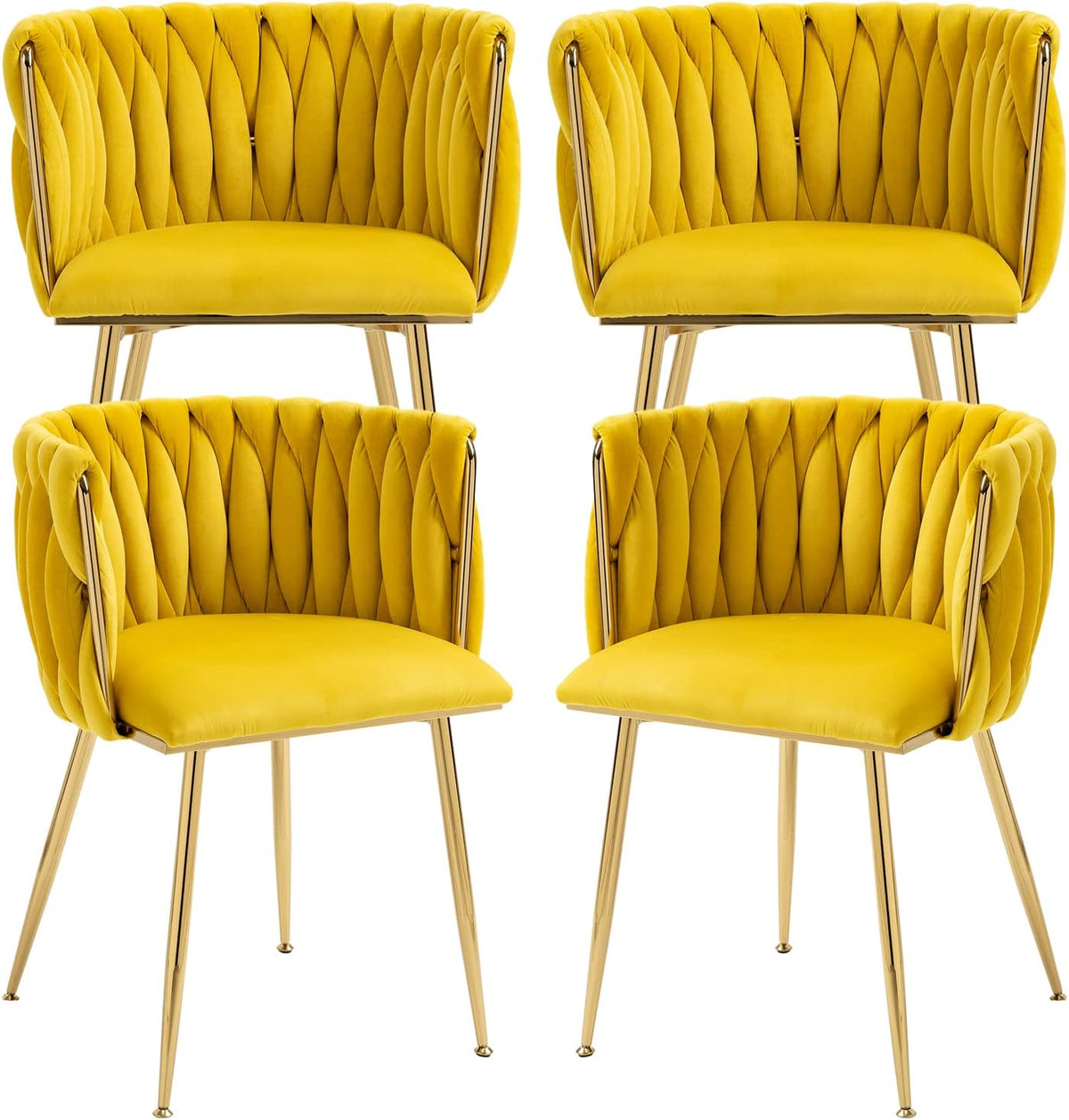 Four yellow velvet dining chairs shown in a grid, highlighting plush seats, braided backs and gold legs.