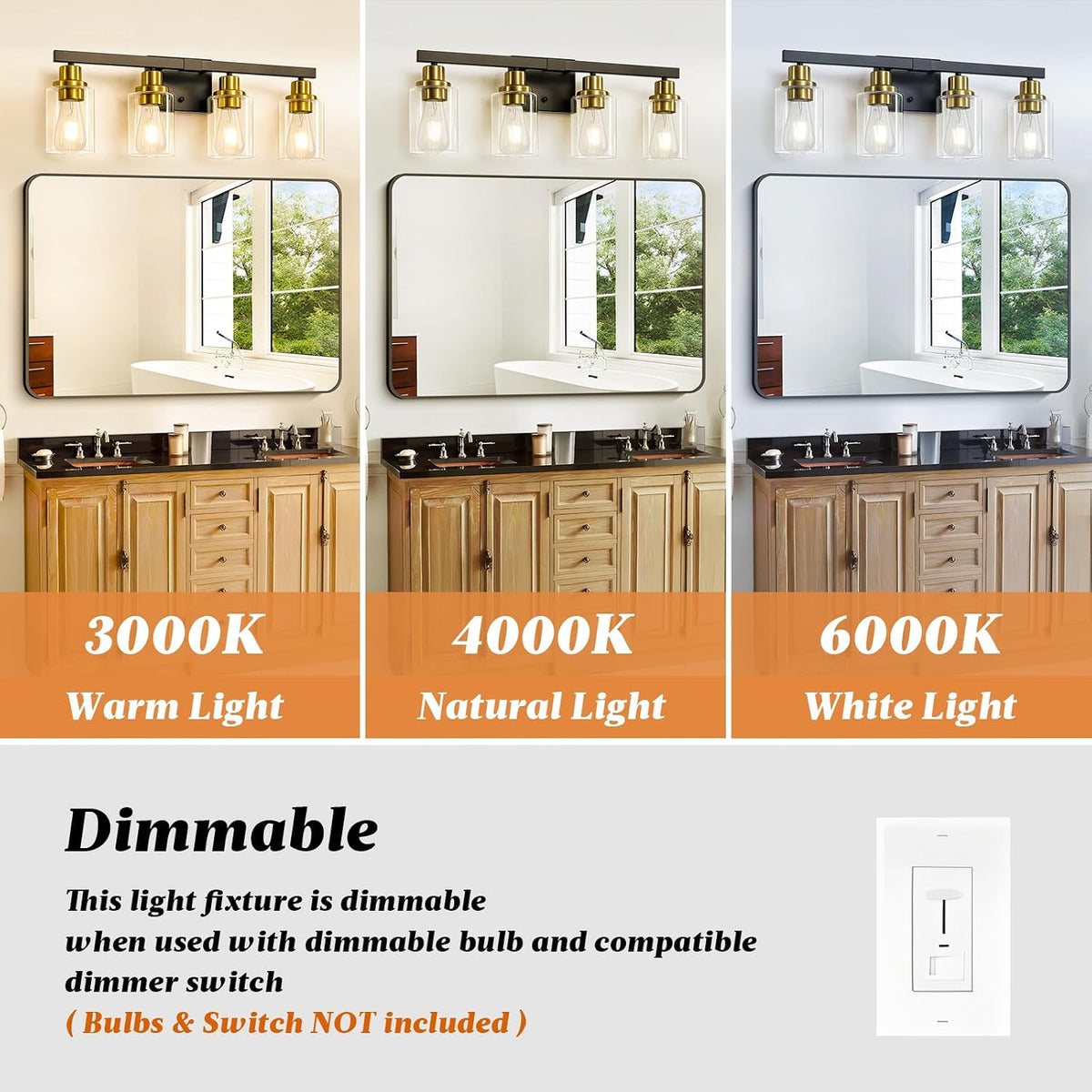 Three side-by-side bathroom scenes showing the same four-light fixture producing warm, neutral, and cool light over a vanity.