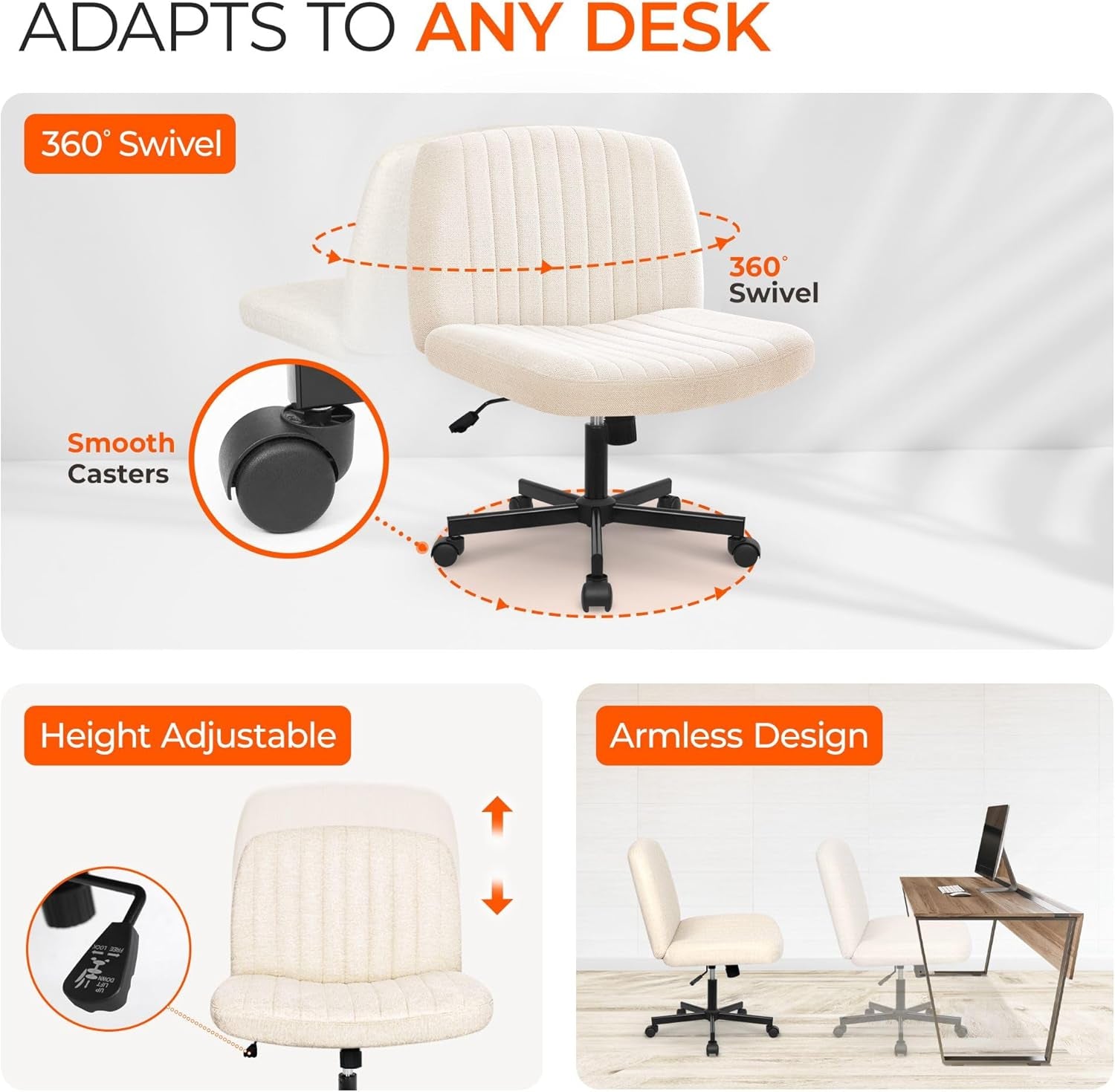 Marketing layout showing height adjustment and armless profile of a cream swivel desk chair with black star base and casters
