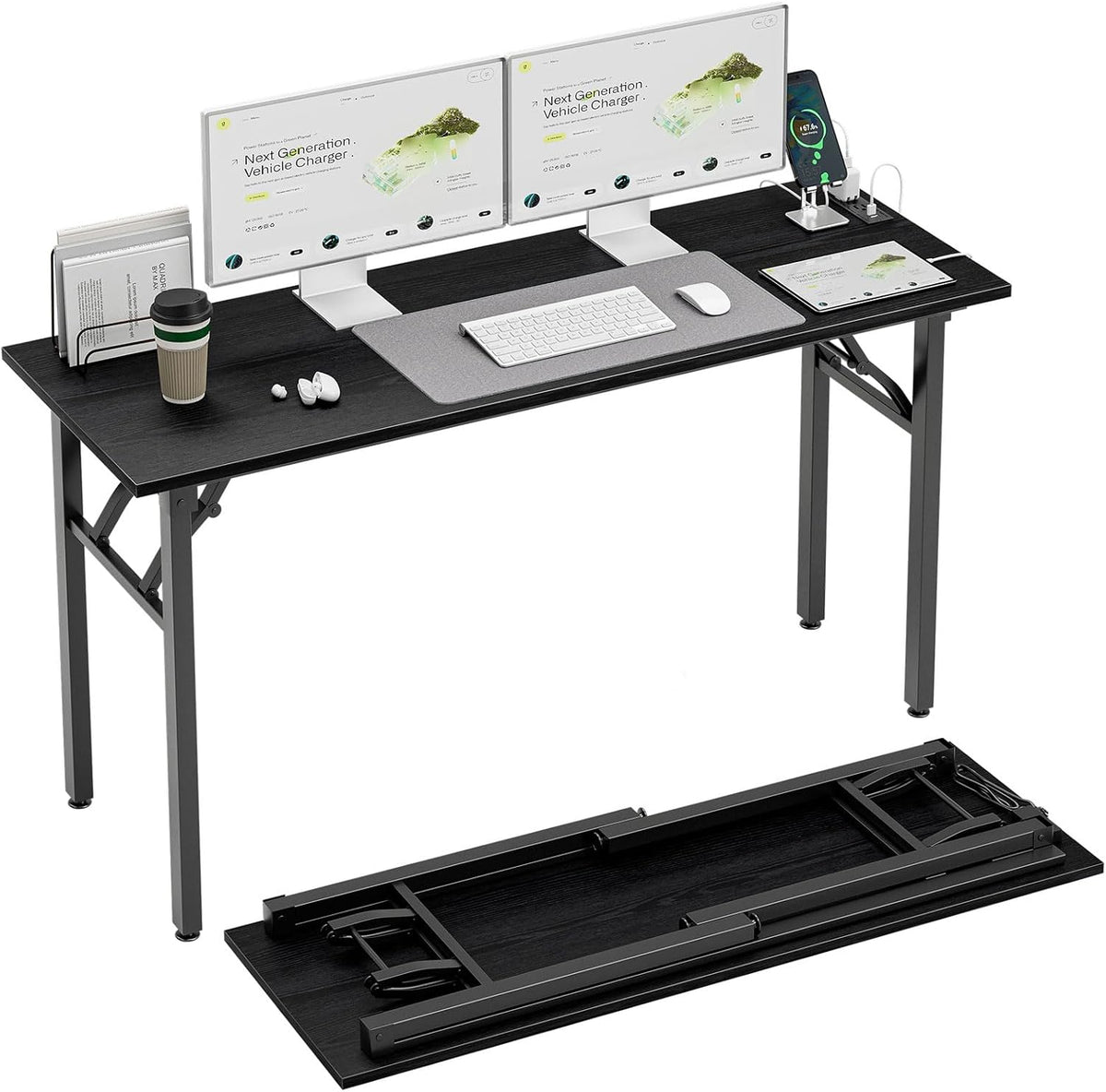 Black wood-top desk set up with dual monitors and folded desk panel laid flat in front.