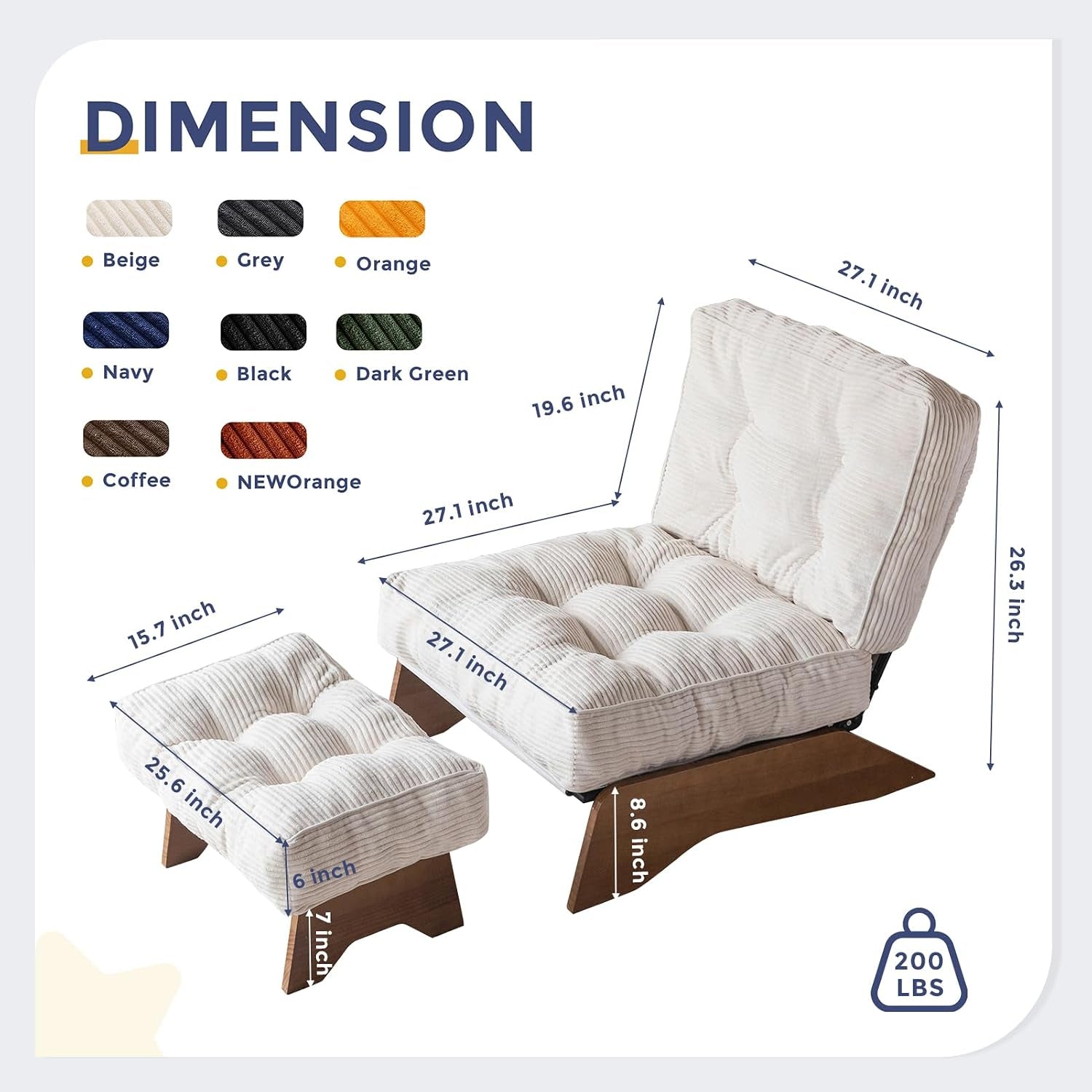 Front three-quarter shot of a beige tufted chair and matching ottoman with dimension arrows