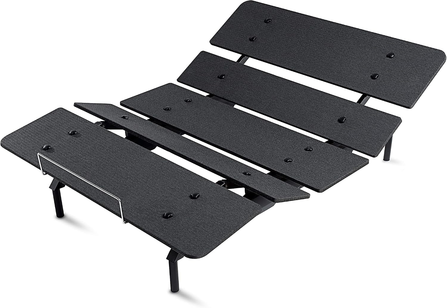 Black adjustable bed base angled top view showing slatted platform and fold sections.