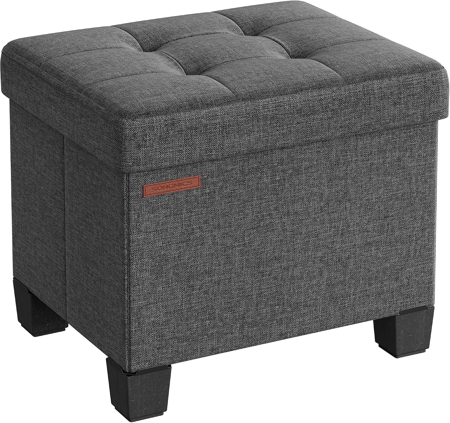 Square tufted fabric storage ottoman in medium gray shown from a front angled view