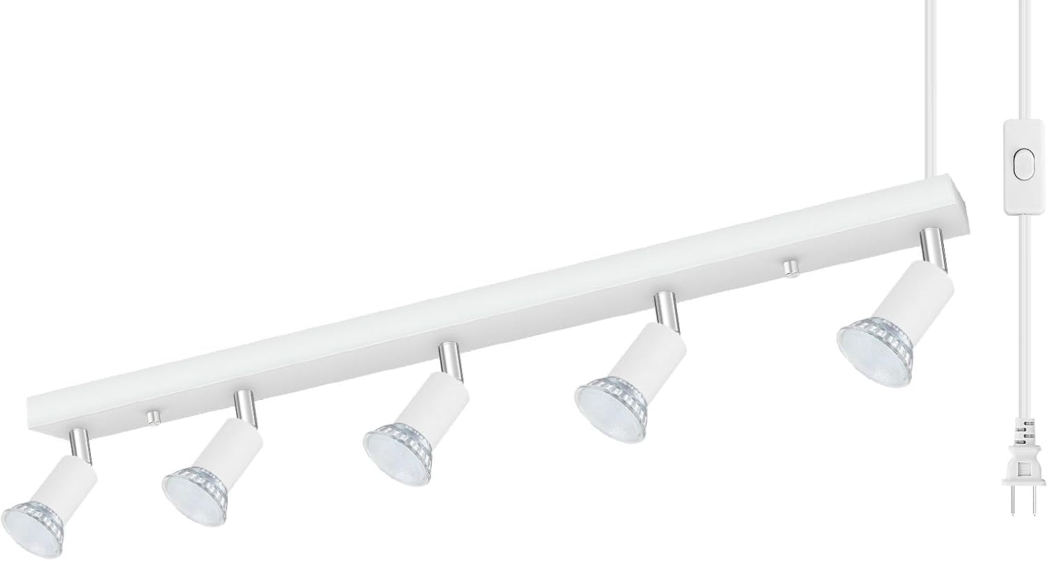 Angled white five-light track fixture with five adjustable heads, inline cord and plug shown on a white background.