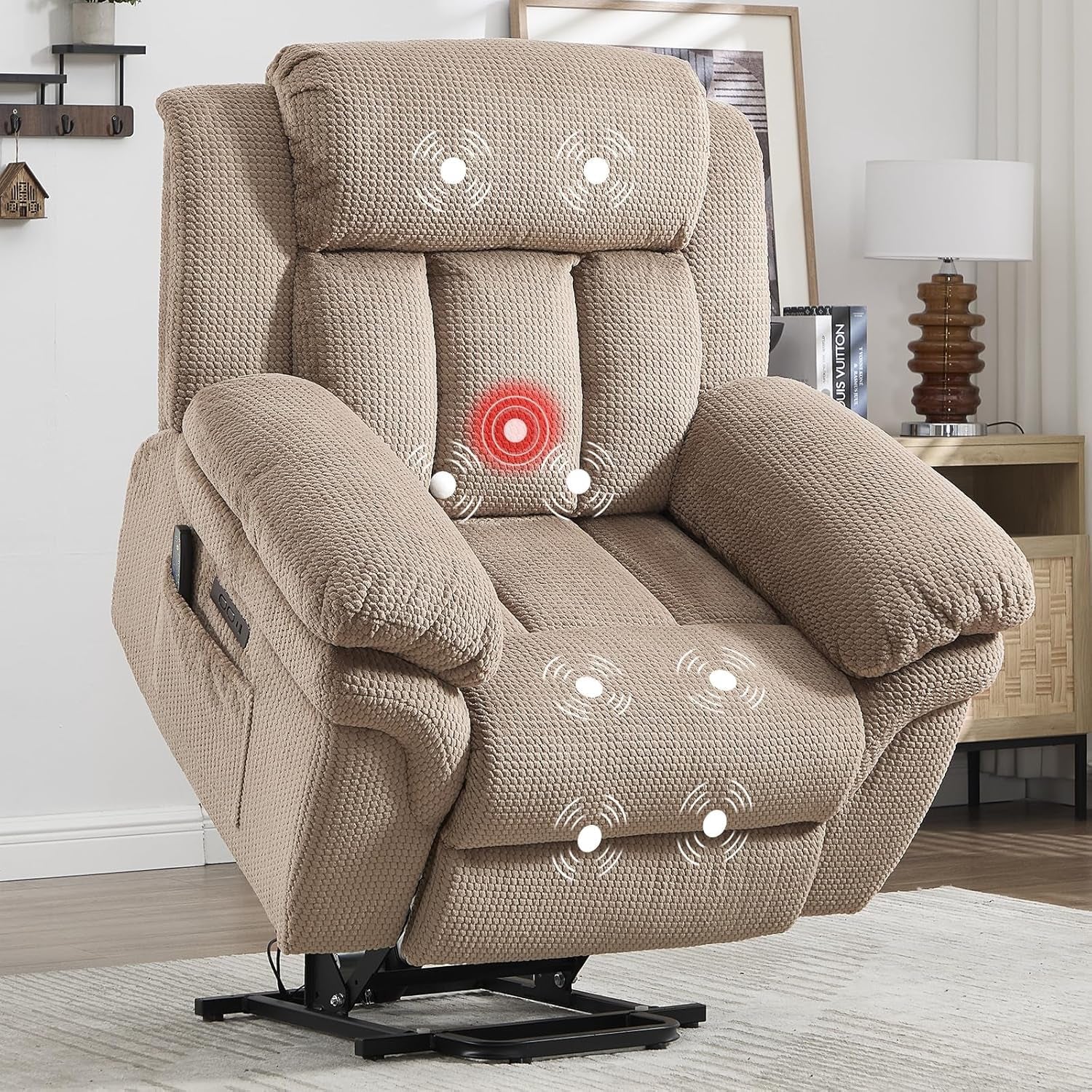 Close-up of a light brown power recliner seat showing textured fabric and massage point graphics