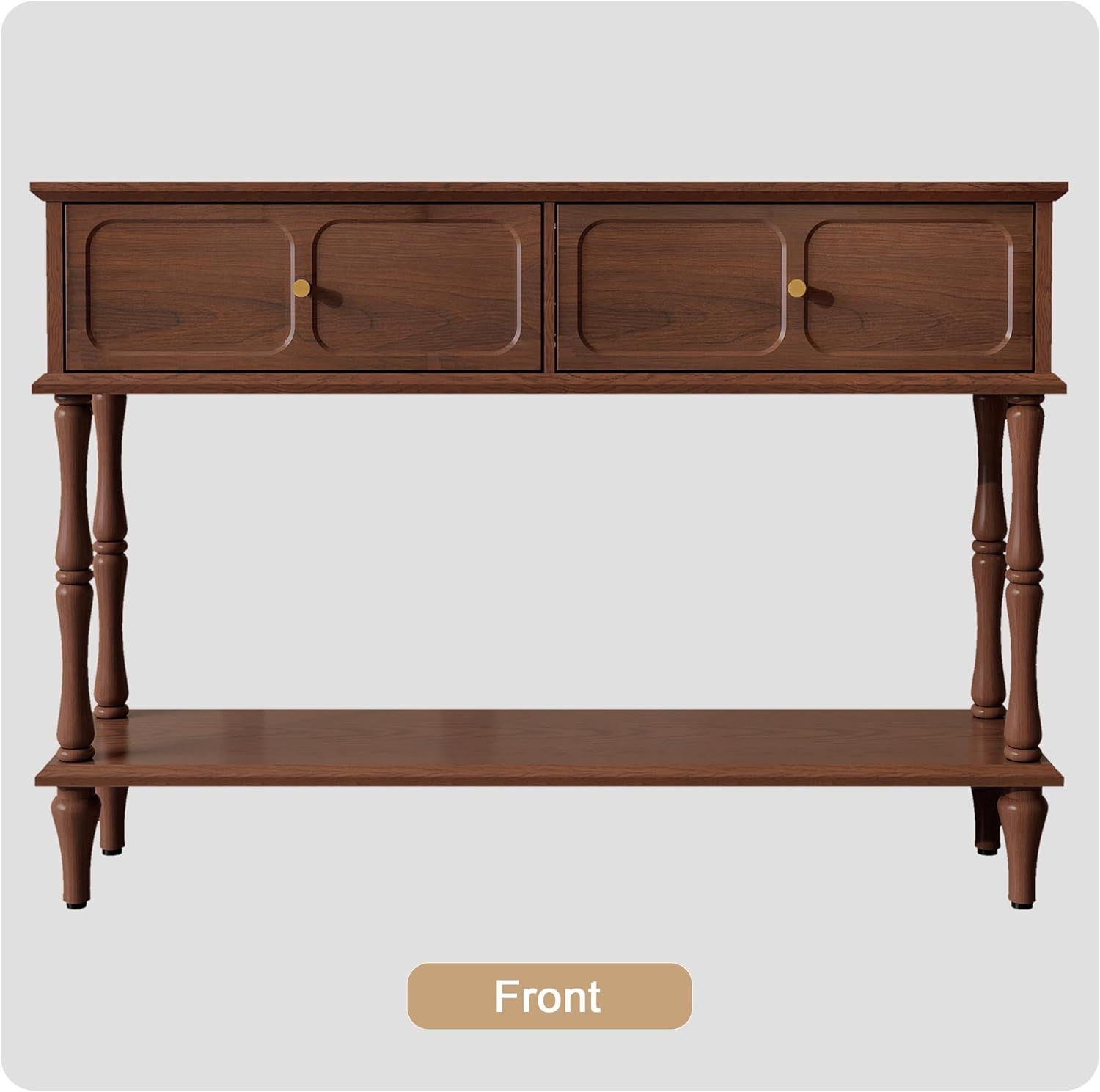 Front-facing studio shot of the brown console table on a light gray background.