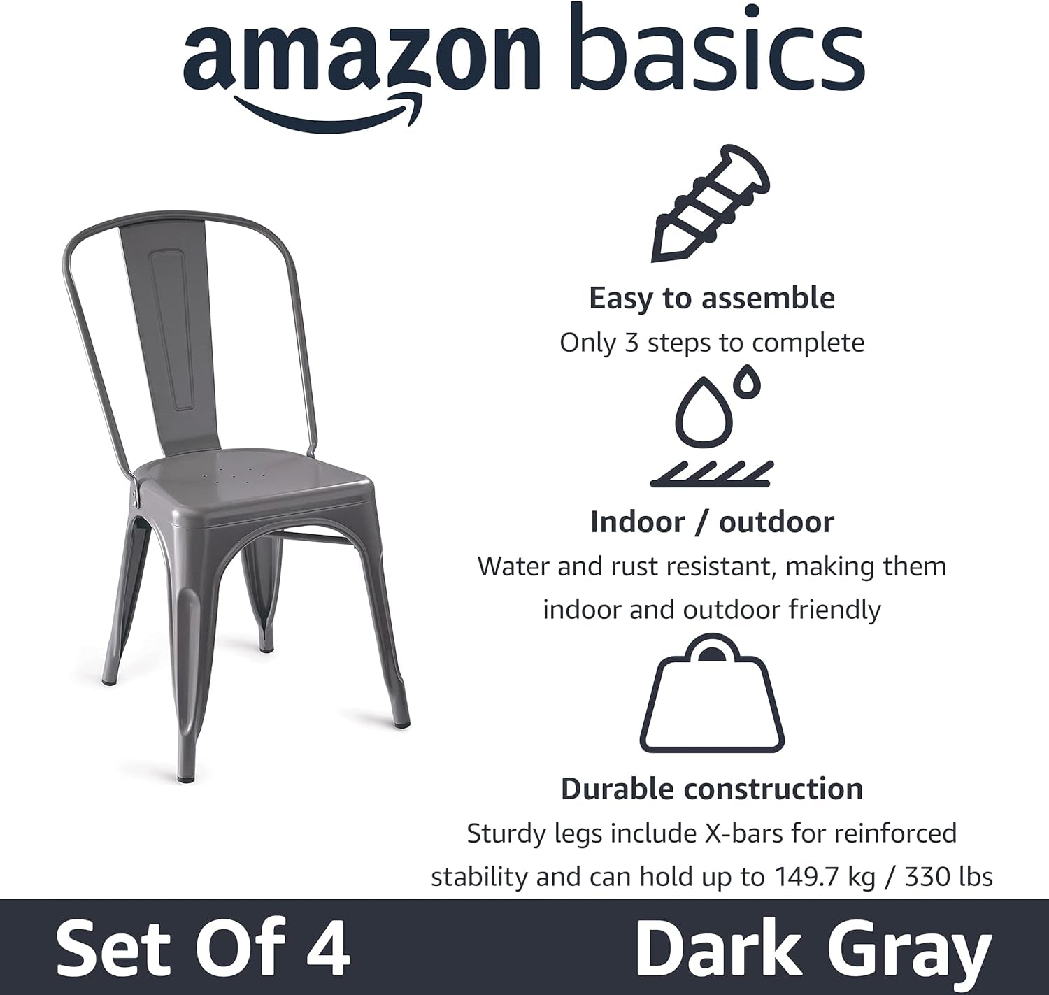 Dark gray metal chair with icons and text highlighting assembly, indoor/outdoor use and weight capacity
