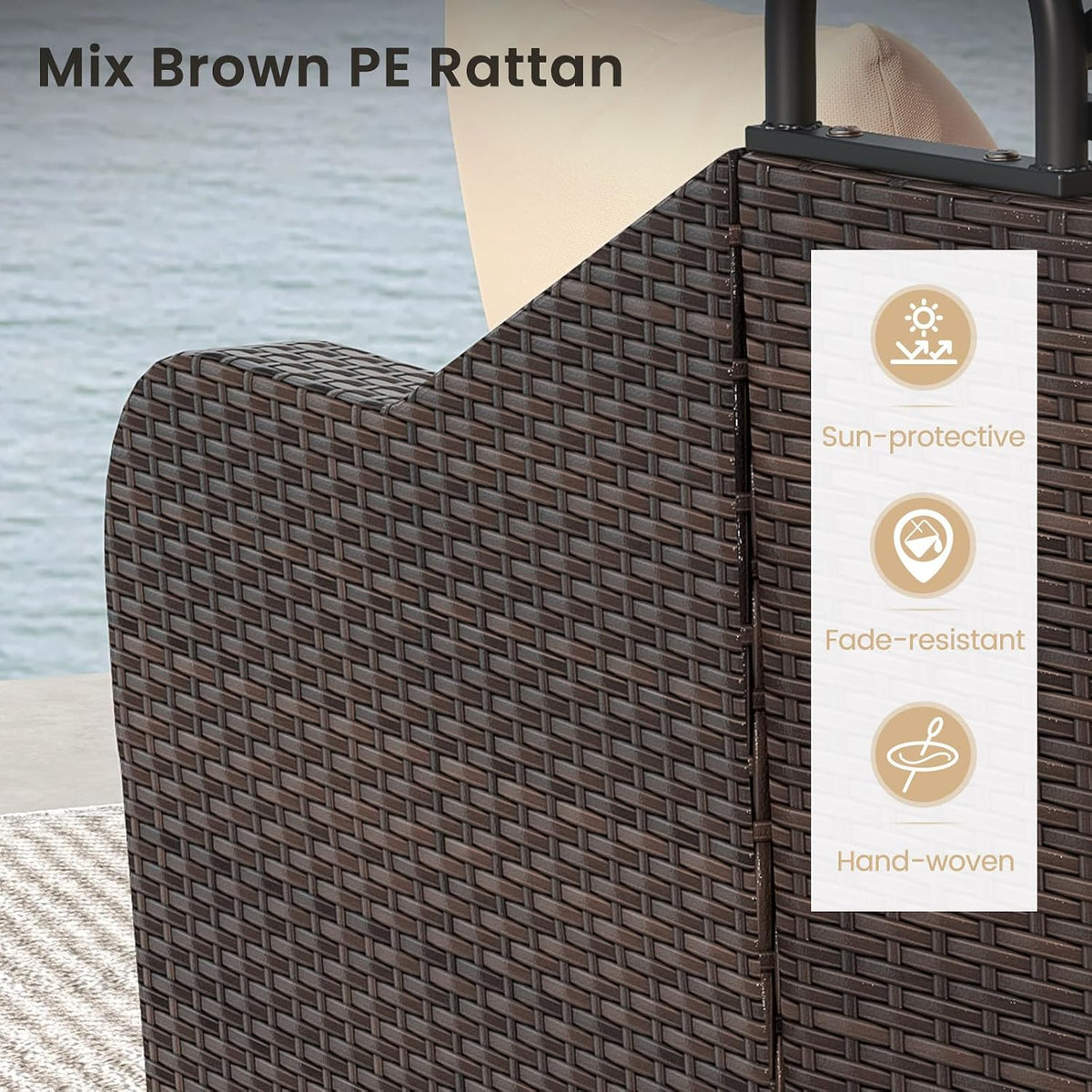 Close-up of the brown hand-woven rattan texture on the daybed frame